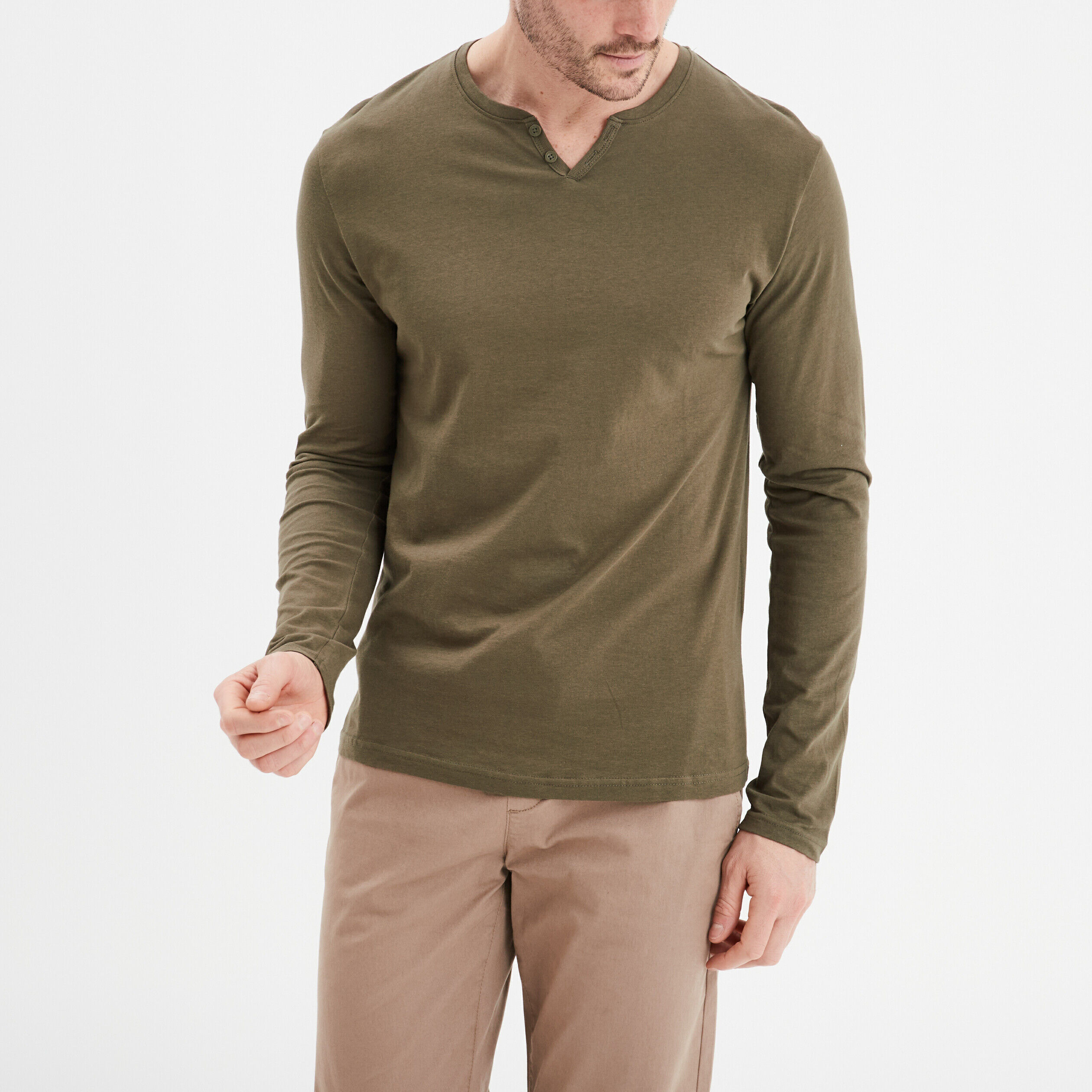 T-shirt col tunisien manches longues vert kaki homme LH