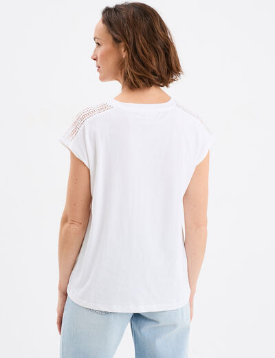 T-shirt épaules broderie coton blanc femme