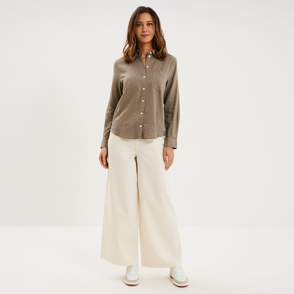 Chemise lin m&eacute;lang&eacute; manches longues vert kaki femme