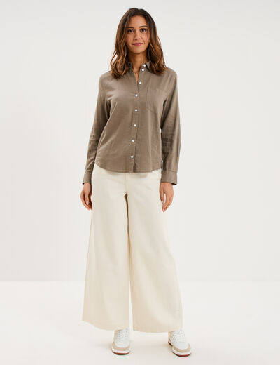 Chemise lin m&eacute;lang&eacute; manches longues vert kaki femme