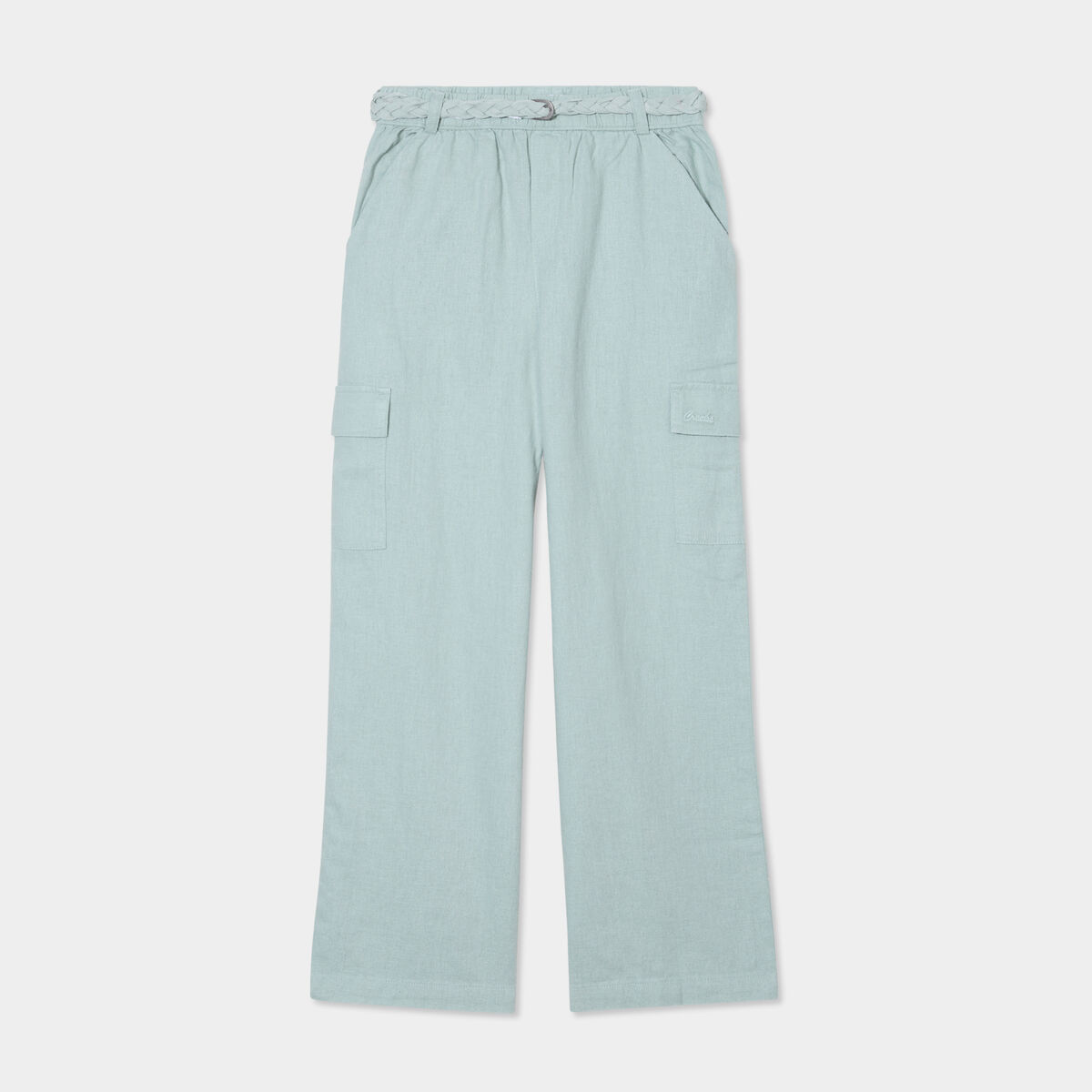 Pantalon large lin m&eacute;lang&eacute; ceintur&eacute; vert pastel fille
