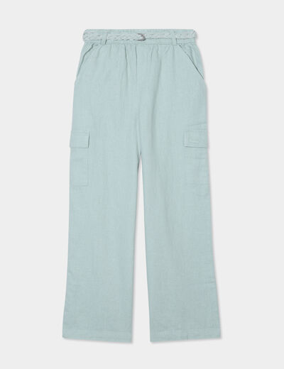 Pantalon large lin m&eacute;lang&eacute; ceintur&eacute; vert pastel fille