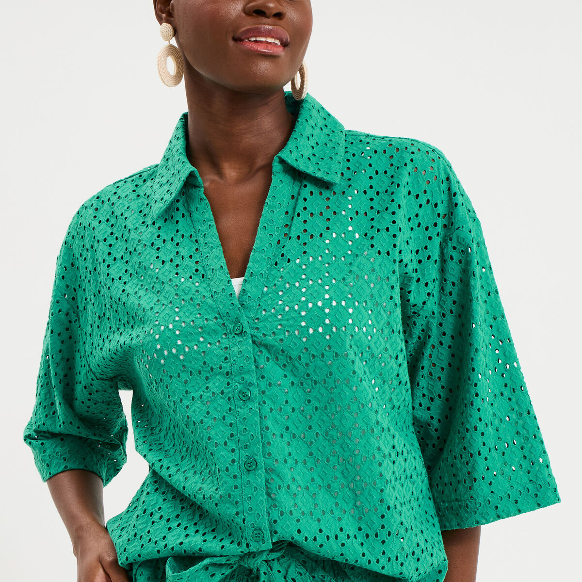 Chemise broderie anglaise coton vert canard femme