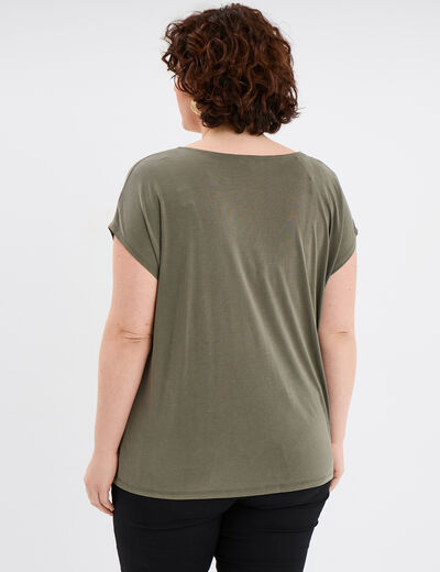 T-shirt col en V manches courtes vert kaki femme grande taille