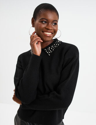 Pull col chemise strass et perles noir femme
