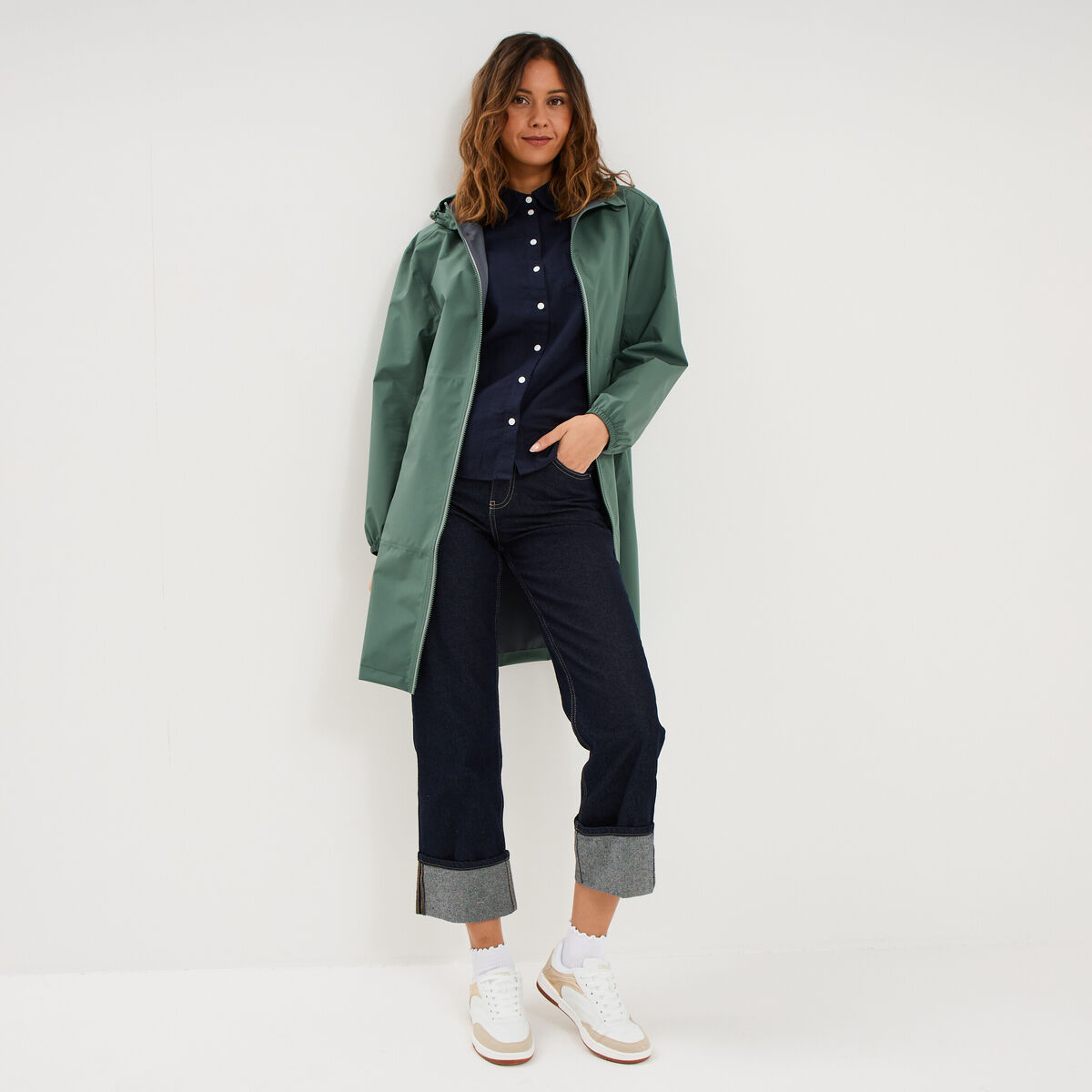 Parka longue imp&eacute;rm&eacute;able coupe-vent vert kaki femme