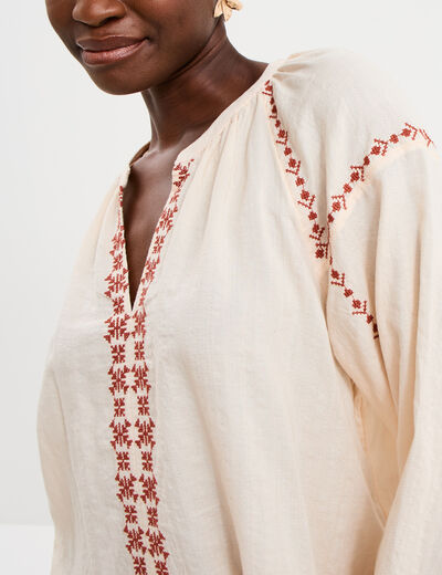 Blouse brod&eacute;e manches longues coton beige femme