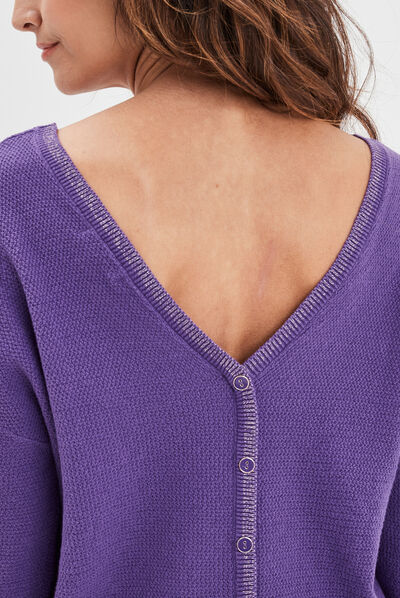Pull gilet recto-verso col en V violet femme
