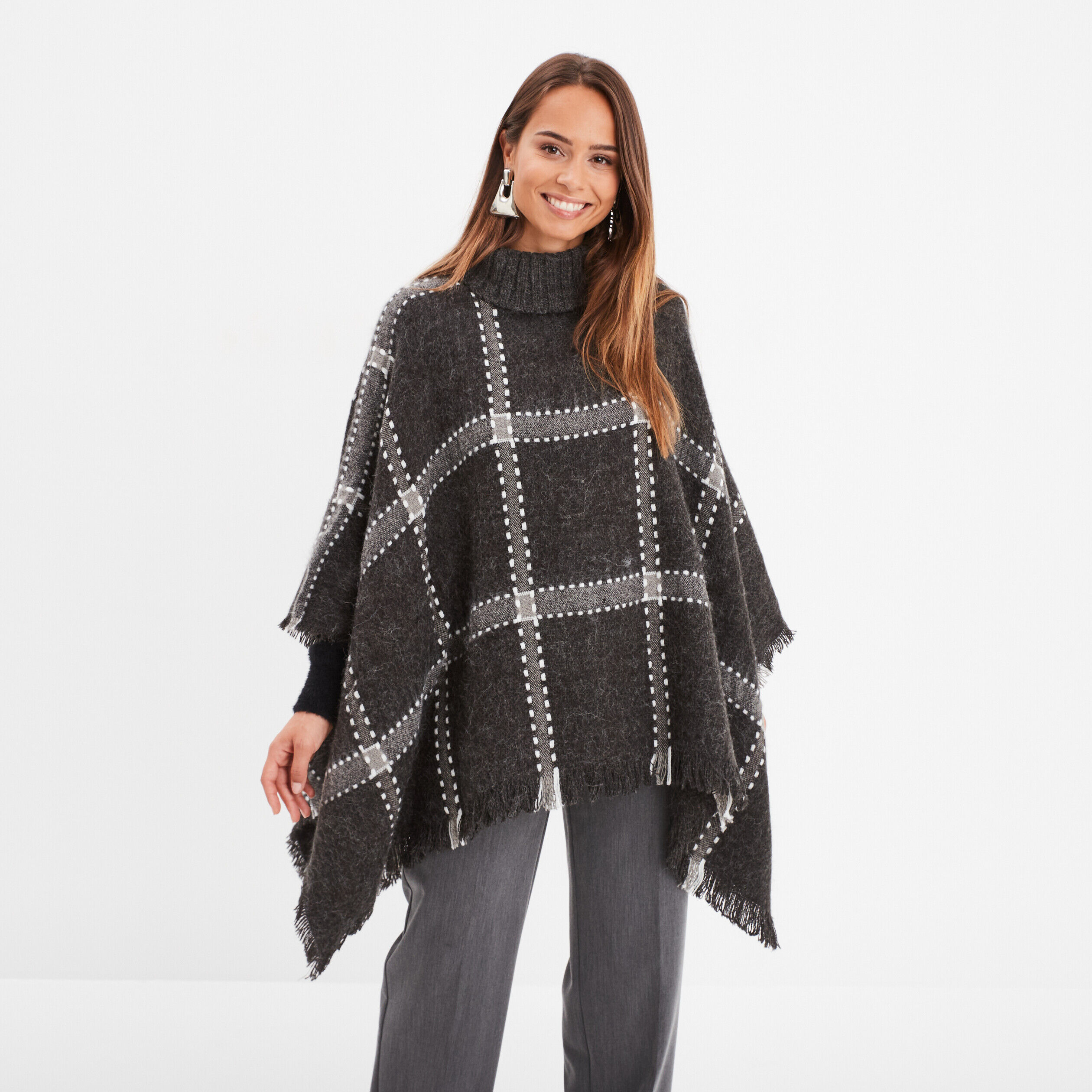 Poncho à col roulé gris foncé femme LH