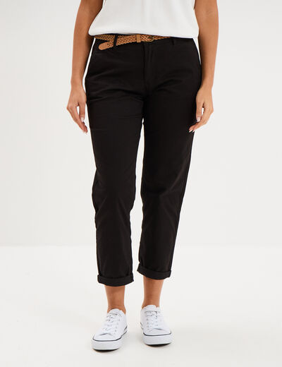 Pantalon chino 7/8&egrave;me ceinture tress&eacute;e noir femme