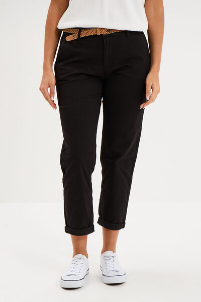 Pantalon chino 7/8&egrave;me ceinture tress&eacute;e noir femme