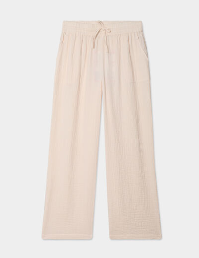 Pantalon fluide élastiqué gaze de coton beige femme