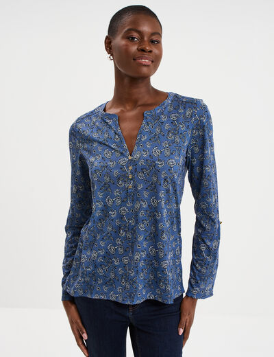 T-shirt col mao manches retroussables bleu gris femme