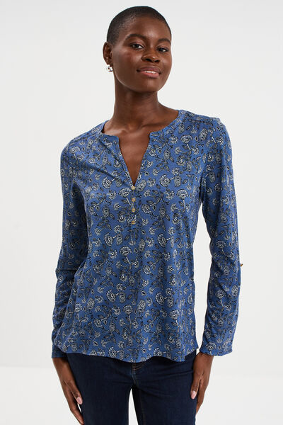 T-shirt col mao manches retroussables bleu gris femme