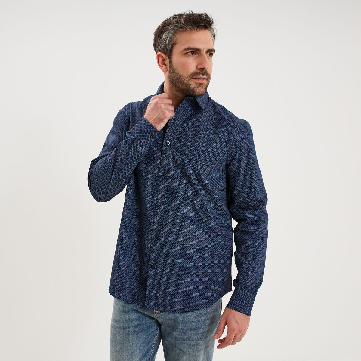 Chemise droite imprim&eacute;e manches longues bleu marine homme