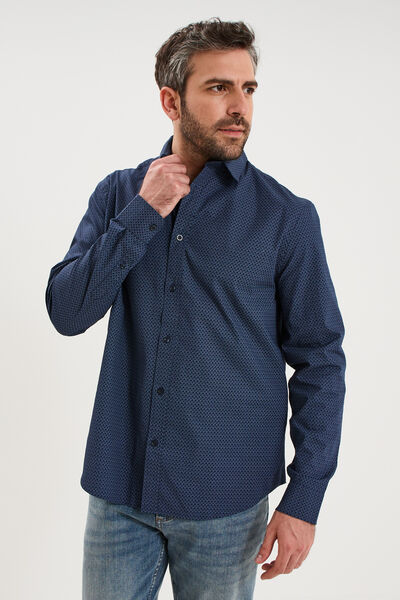 Chemise droite imprim&eacute;e manches longues bleu marine homme
