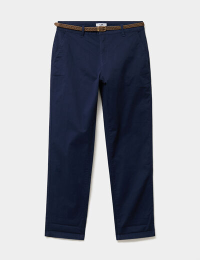 Pantalon chino 7/8&egrave;me ceinture tress&eacute;e bleu marine femme