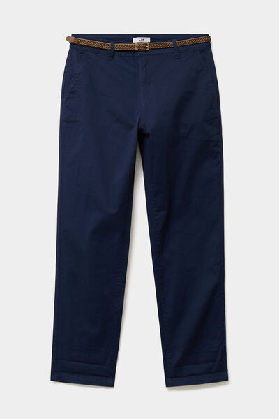 Pantalon chino 7/8&egrave;me ceinture tress&eacute;e bleu marine femme