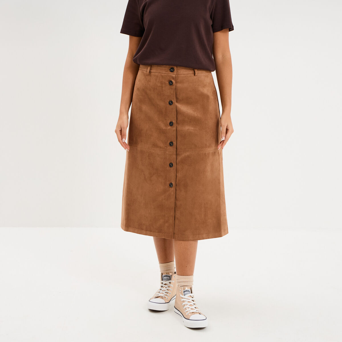 Jupe longue effet su&eacute;dine marron femme
