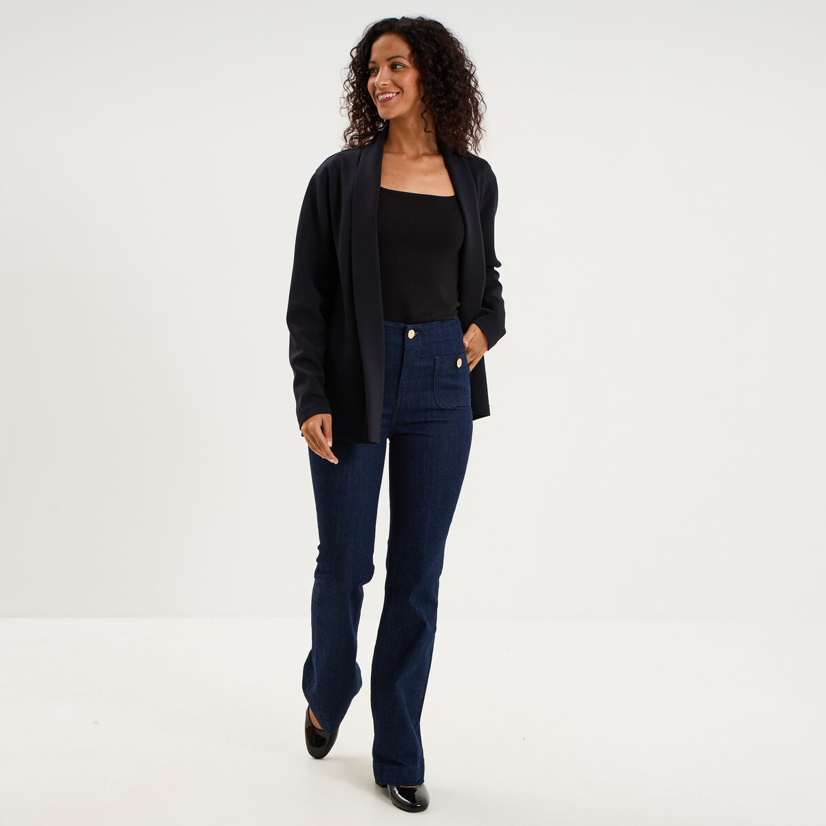 Blazer court col ch&acirc;le manches longues noir femme