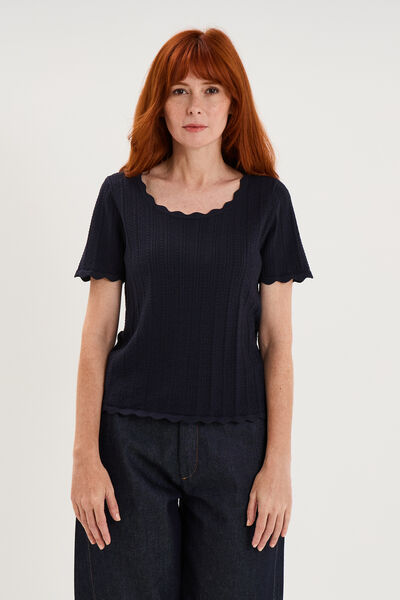 Pull col rond textur&eacute; manches courtes bleu fonc&eacute; femme