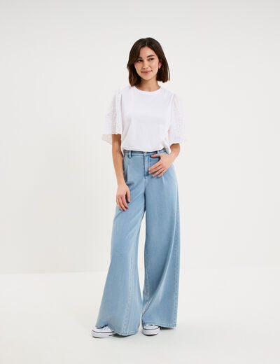 Jeans wide leg &agrave; pinces denim triple stone femme