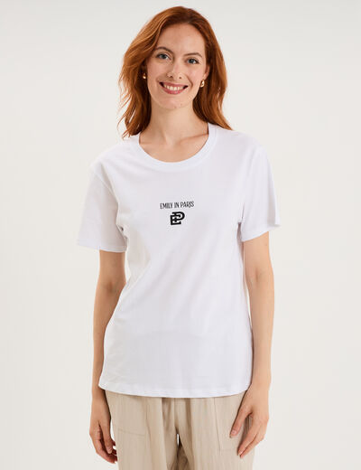 T-shirt col rond coton Emily in Paris blanc femme
