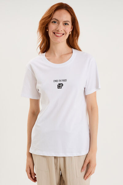 T-shirt col rond coton Emily in Paris blanc femme