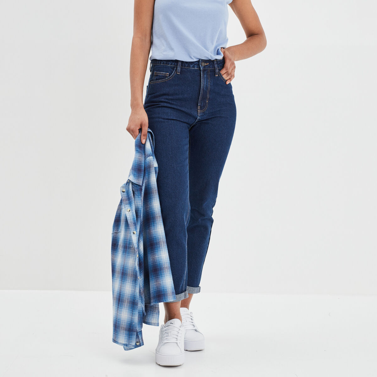 Jeans mom taille haute 7/8ème coton denim brut femme
