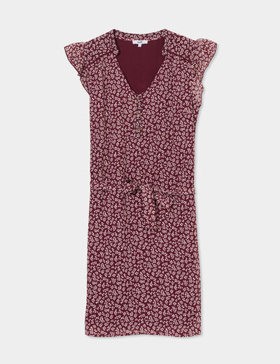 Robe col V plumetis droite ceinturée bordeaux femme