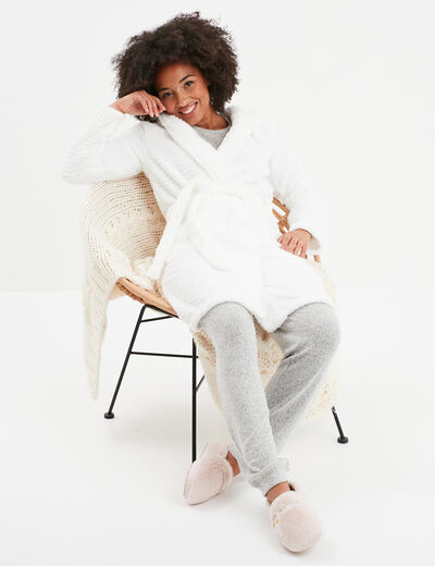Peignoir long effet polaire à capuche ivoire femme