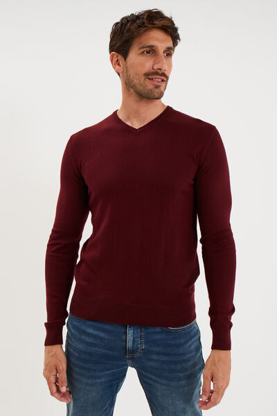 Pull jersey avec col en V violet fonc&eacute; homme