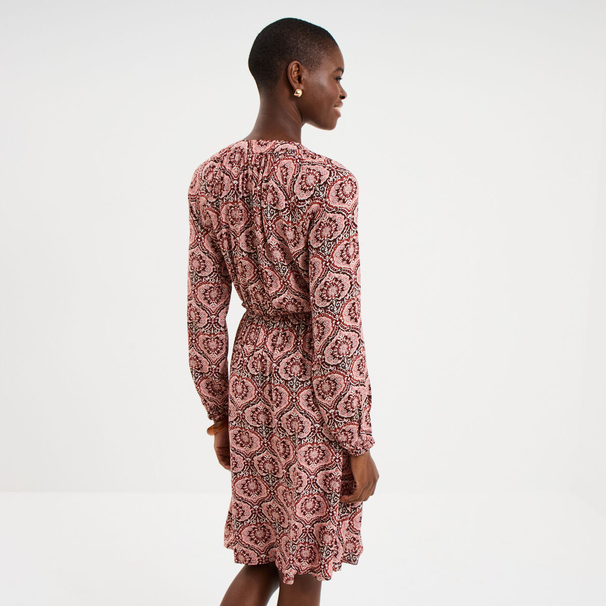 Robe longueur genou fluide col en V marron chocolat femme