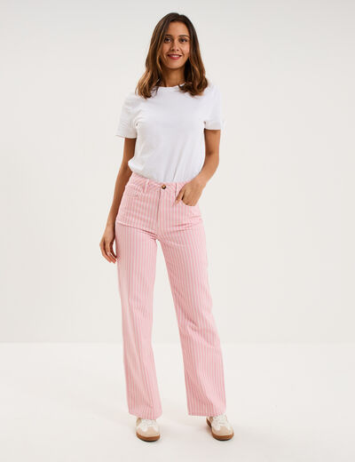 Jean droit taille haute coton rose clair femme