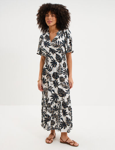 Robe longue col tunisien manches courtes ecru femme