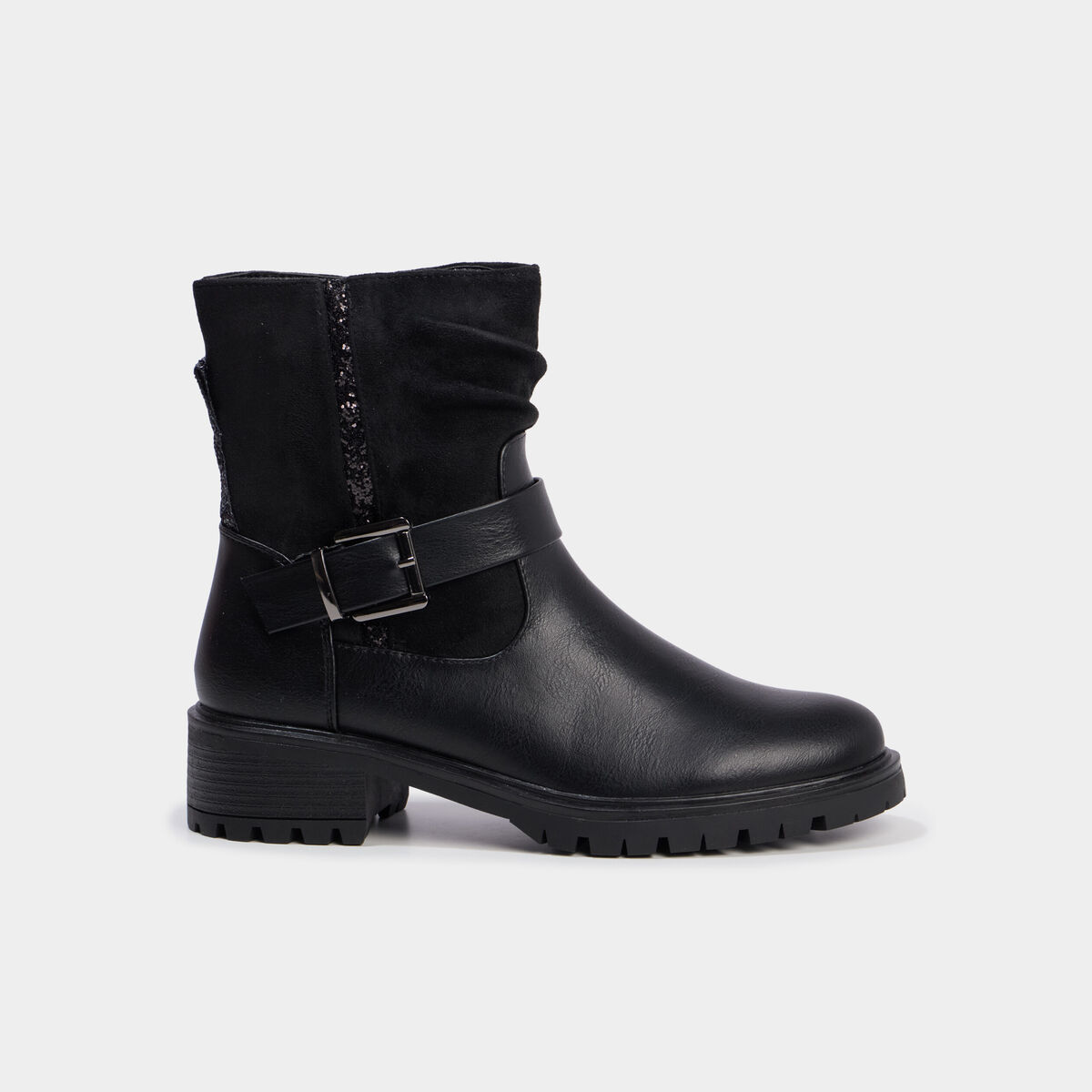 Boots bi-mati&egrave;re crant&eacute;es zipp&eacute;es noir femme