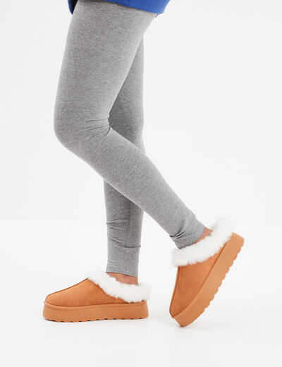 Mules fourr&eacute;es plateforme su&eacute;dine marron femme