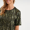 T-shirt &agrave; sequins manches courtes droit vert olive femme
