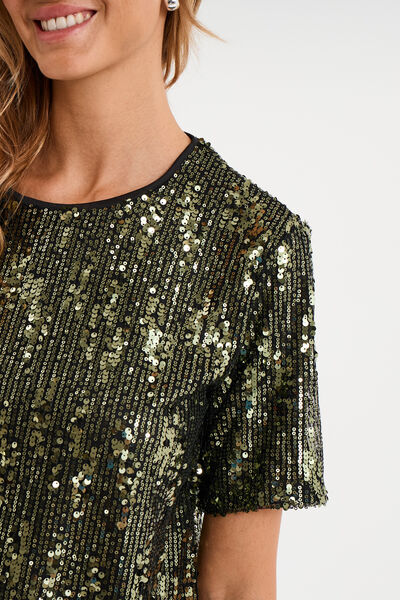 T-shirt &agrave; sequins manches courtes droit vert olive femme