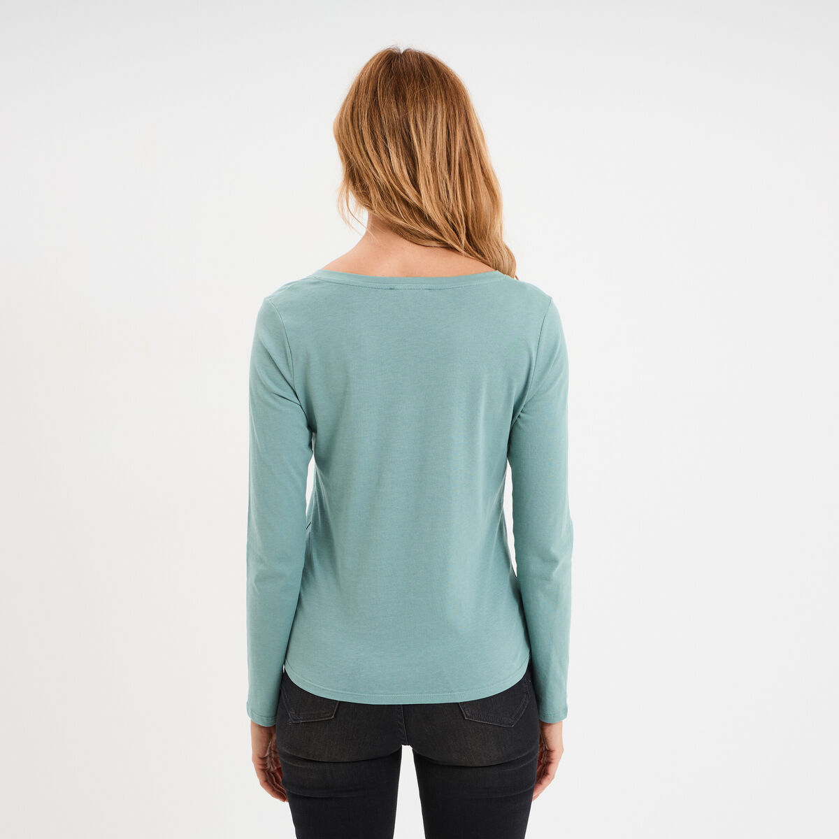 T-shirt col en V manches longues coton bleu gris femme