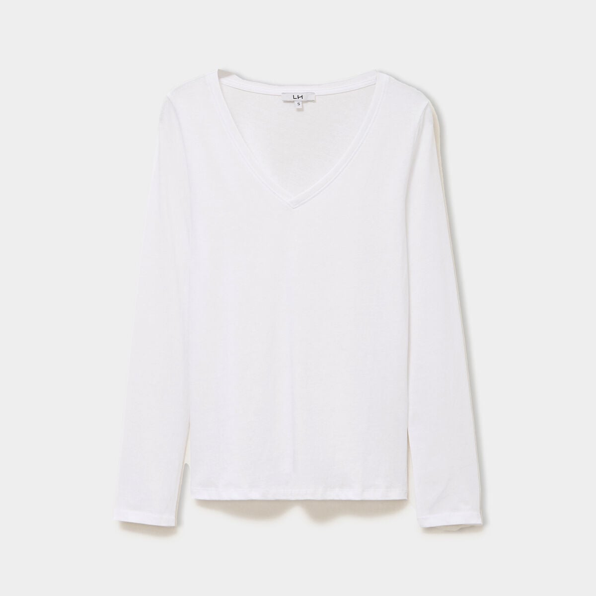 T-shirt col en V manches longues coton blanc femme