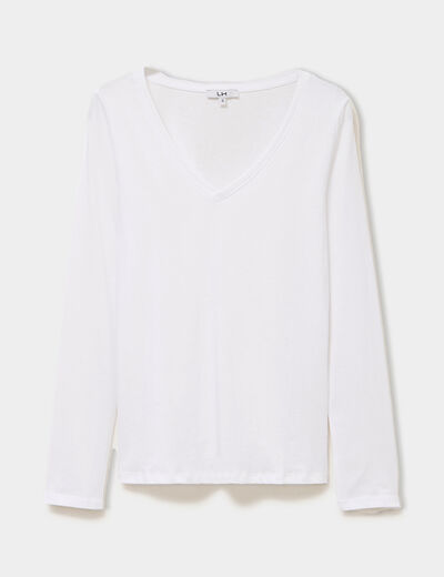 T-shirt col en V manches longues coton blanc femme