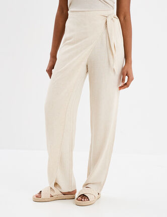 Pantalon cigarette à nouer lin mélangé beige femme
