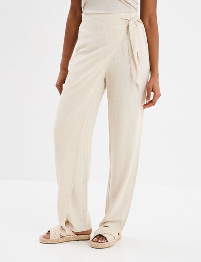 Pantalon cigarette à nouer lin mélangé beige femme
