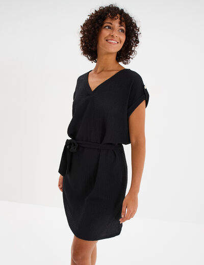 Robe effet gaufr&eacute; manches courtes noir femme