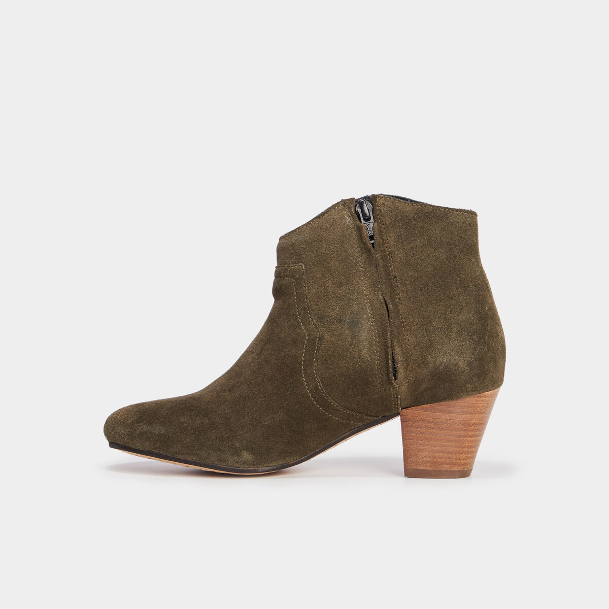 Boots bout pointu &agrave; talons en cuir vert kaki femme