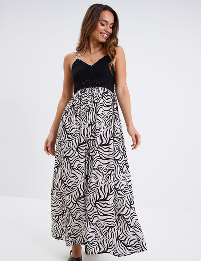 Robe longue col en V haut effet crochet ecru femme
