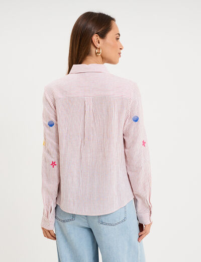 Chemise brod&eacute;e manches longues rouge femme