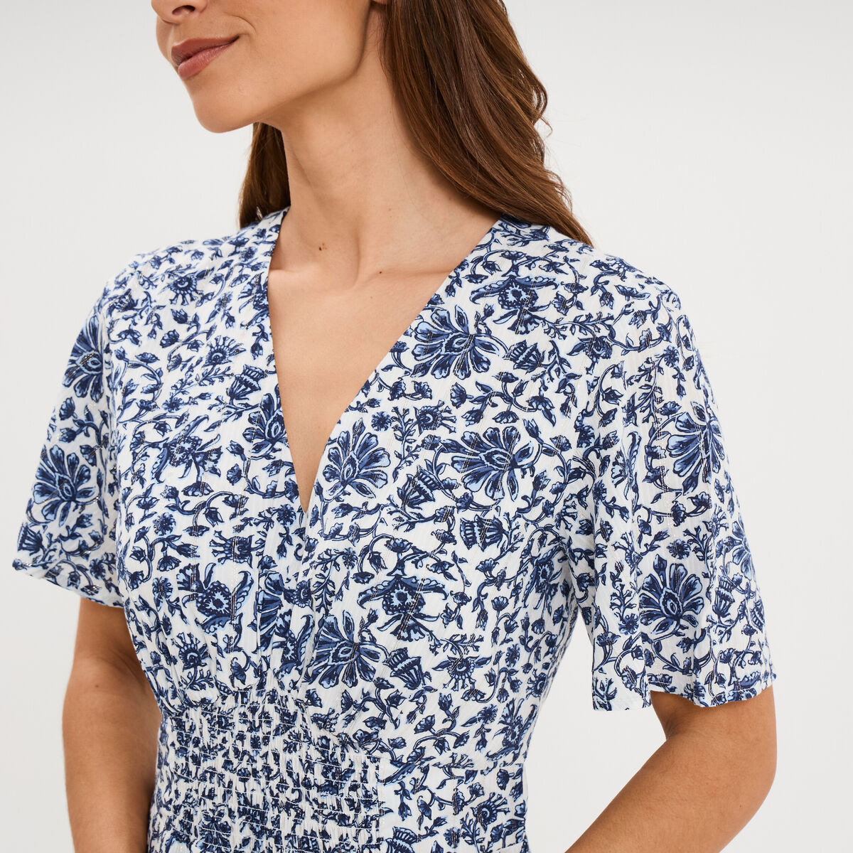 Robe longue empire taille smock&eacute;e blanc femme