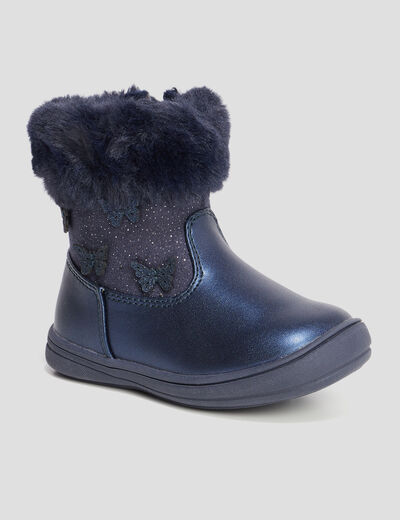Bottines fausse fourrure et paillettes bleu marine bébé fille